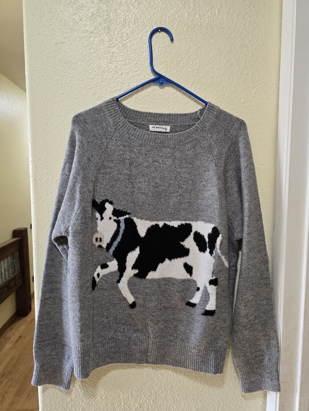 Gray Cow Intarsia Crewneck Sweater -